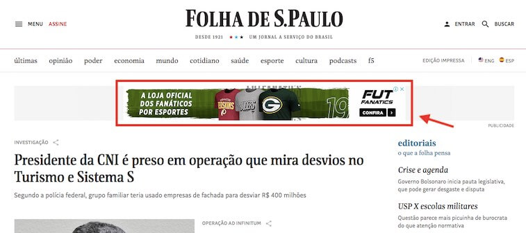 Anúncio da Rede de Display na Folha de São Paulo
