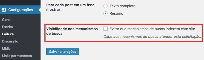 WordPress permissão para mecanismos de busca