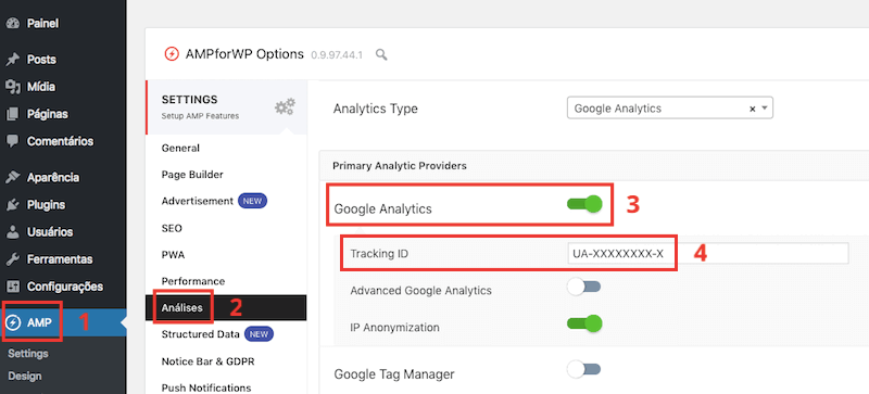 Google Analytics no plugin AMP for WP para WordPress