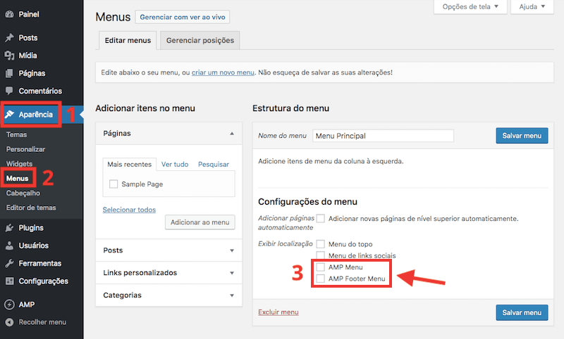 Plugin AMP for WordPress Kaludi menu