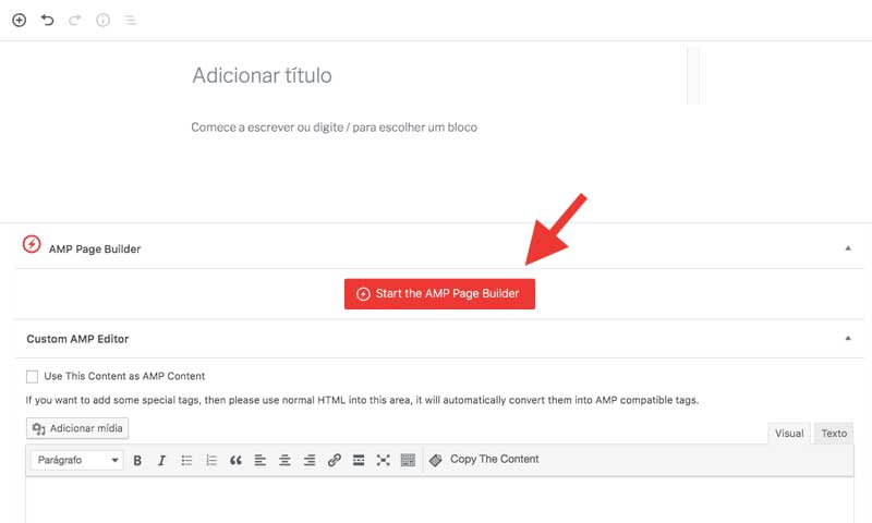 Botão Ativar Page Builder Construtor de Páginas AMP no WordPress