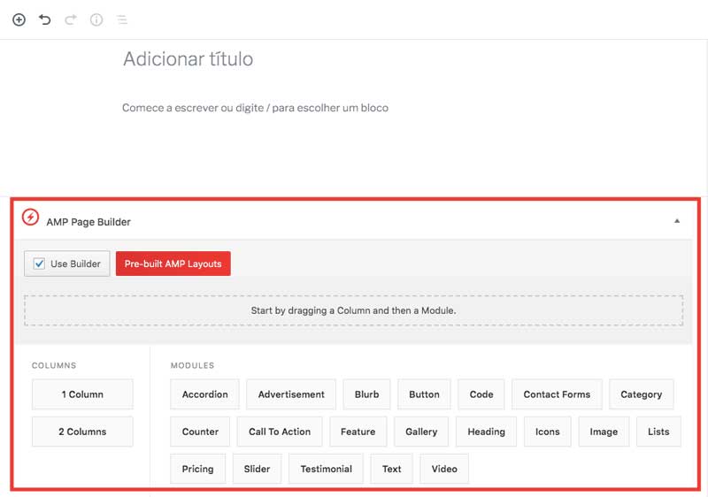 Construtor de páginas AMP em WordPress
