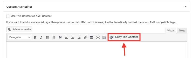 Função de copiar o conteúdo do editor HTML do WordPress para o editor AMP