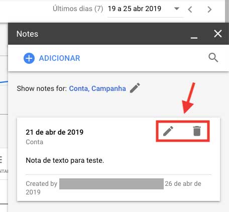 Google Ads ícones de editar e apagar notas de texto