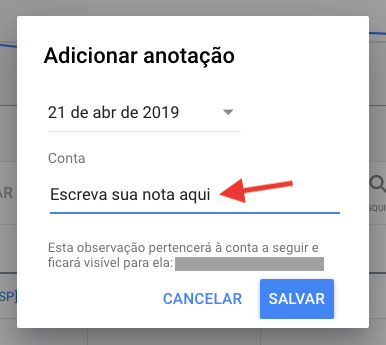 Google Ads janela para se escrever notas de texto
