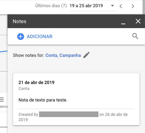 Google Ads janela de informações sobre a nota de texto
