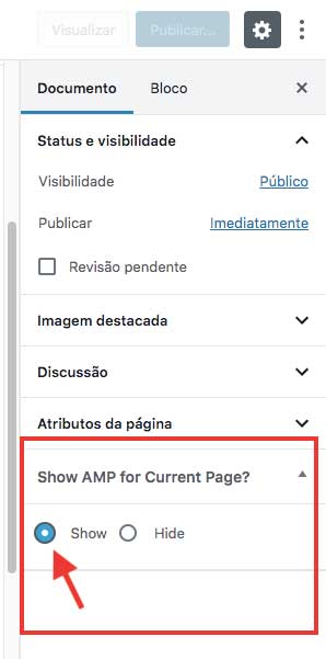 Marcar a opção Show para exibir a versão AMP da página