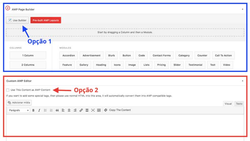 Opções de construtores de página AMP do plugin WordPress