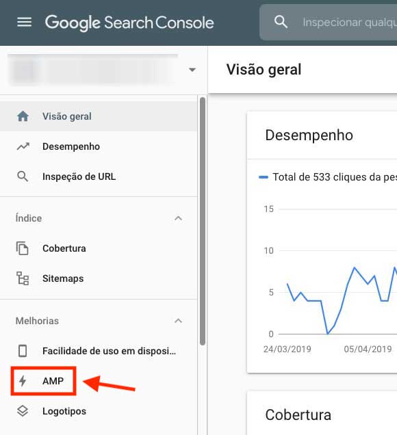 Menu páginas AMP no Google Search Console