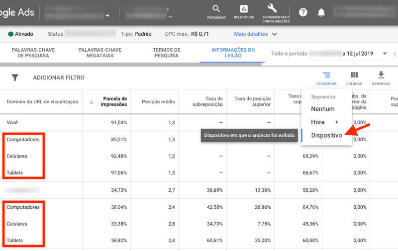 Google Ads, informações do leilão, como segmentar por dispositivo