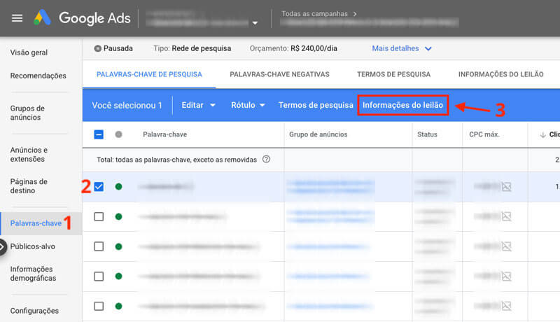 Google Ads, informações do leilão no nível de palavra-chave