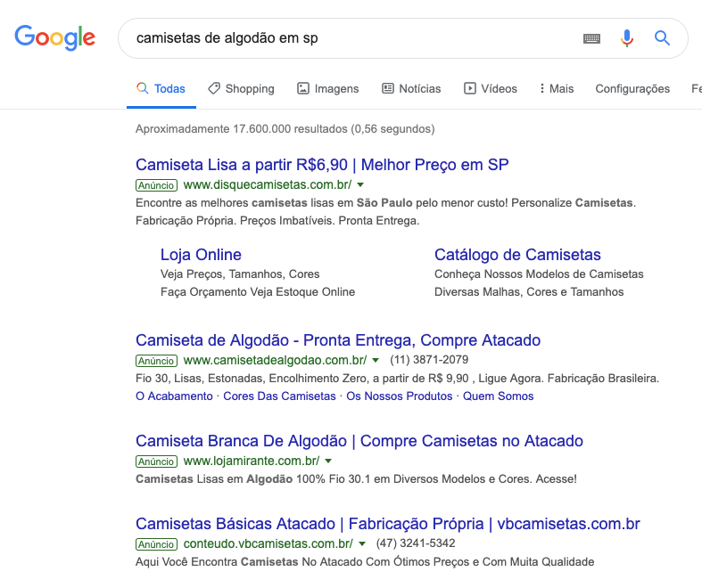 Página de resultados do Google com anúncios de links patrocinados PPC