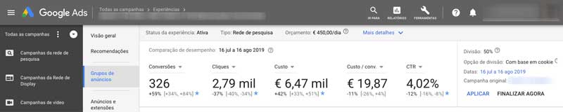 Comparar resultados das experiências de campanhas no Google Ads