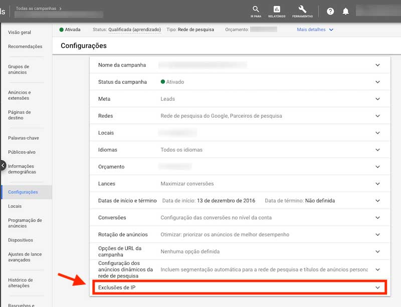 Clique em "Exclusões de IP"