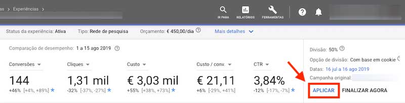 Aplicar alterações da experiência na campanha original no Google Ads