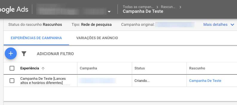 Google Ads criando a experiência de campanha