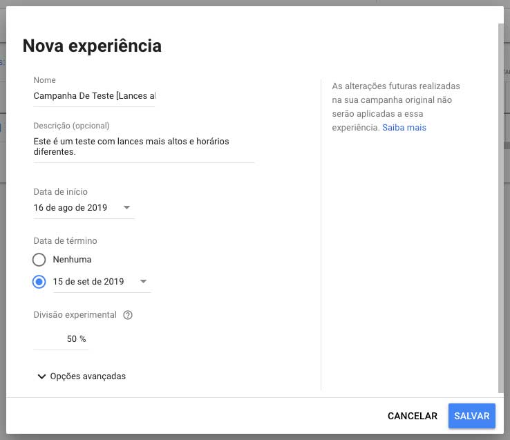Google Ads, configuração de nova experiência de campanha