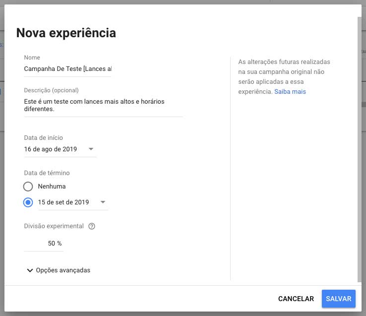 Google Ads, configuração de nova experiência de campanha