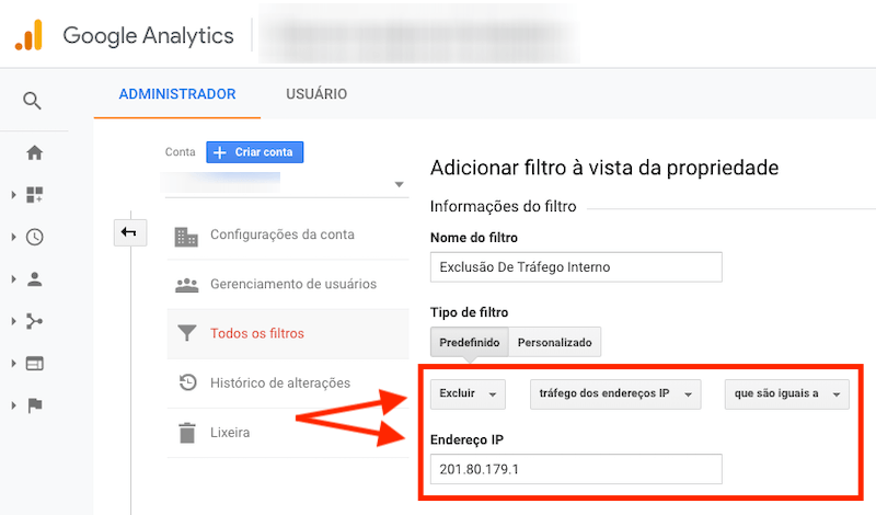 Google Analytics, critérios do filtro e endereço do IP