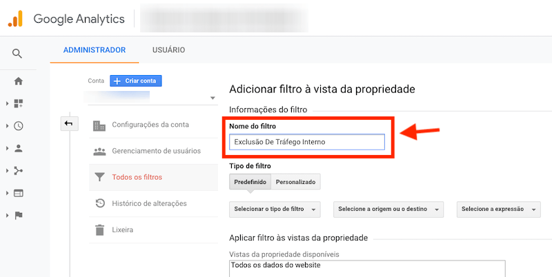 Google Analytics, nome do filtro