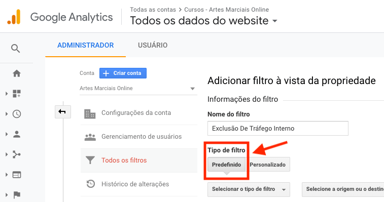 Google Analytics, tipo de filtro