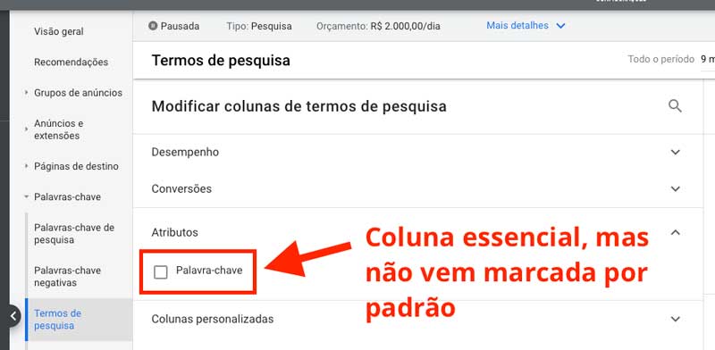 Google Ads: como adicionar a coluna "Palavra-chave" ao relatório de termos de pesquisa