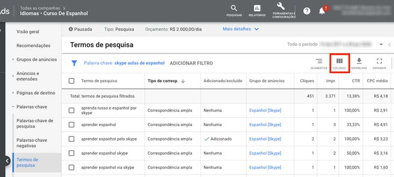 Google ads: como adicionar colunas ao relatório de termos de pesquisa
