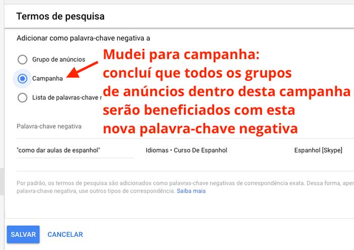 Google ads: adicionar termos de pesquisa como palavras-chave negativas no nível de campanha