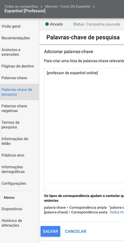 Google ads: adicionar termos de pesquisa como palavra-chave à campanha correta