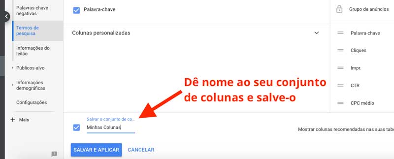Dar nome ao seu conjunto de colunas do relatório de termos de pesquisa