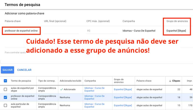 Google ads: termo de pesquisa deve ser adicionado como palavra-chave ao grupo de anúncios correto