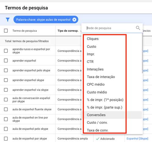 Google Ads: opções de filtros do relatório de termos de pesquisa