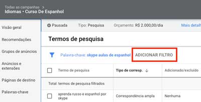 Google ads: filtro no relatório de termos de pesquisa