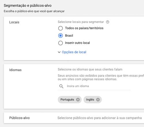 Google ads: segmentação de local e de idioma da campanha