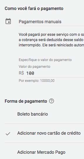 Google ads: opções de pagamentos manuais