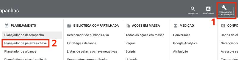 Google ads: planejador de palavras-chave para a nova campanha