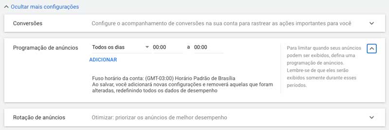 Google ads: programação de anúncios da campanha