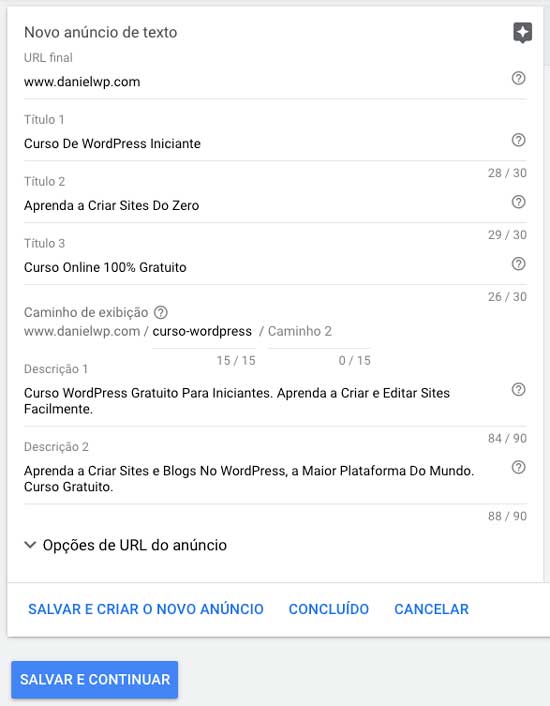 Google ads: criação de anúncio de texto de uma nova campanha