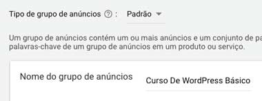 Google ads: escolher tipo de nome do grupo de anúncios
