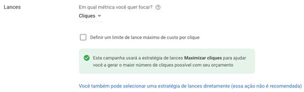 Google ads: escolher cliques como métrica de foco e limite de lance máximo de custo por clique