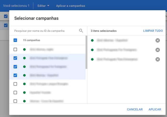 Aplicar listas de palavras-chave negativas a uma ou várias campanhas