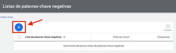 Botão adicionar nova lista de palavras-chave negativas