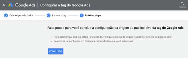 Google ads: mensagem de quase conclusão da configuração do público-alvo da tag do Google Ads
