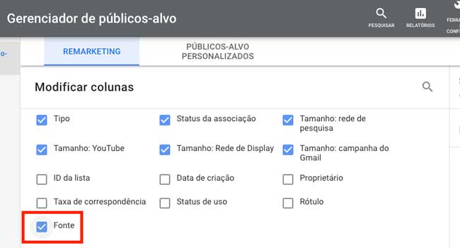 Google Ads: adicionar a coluna Fonte no Gerenciador de públicos-alvo