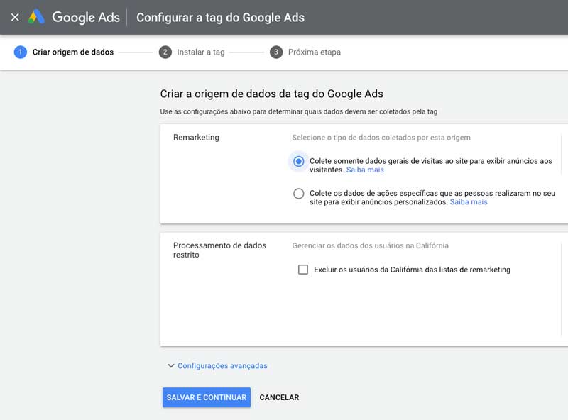 Tag do Google Ads: configurar origem de dados