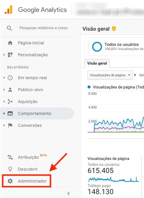 Entrar no Google Analytics e ir em Administrador