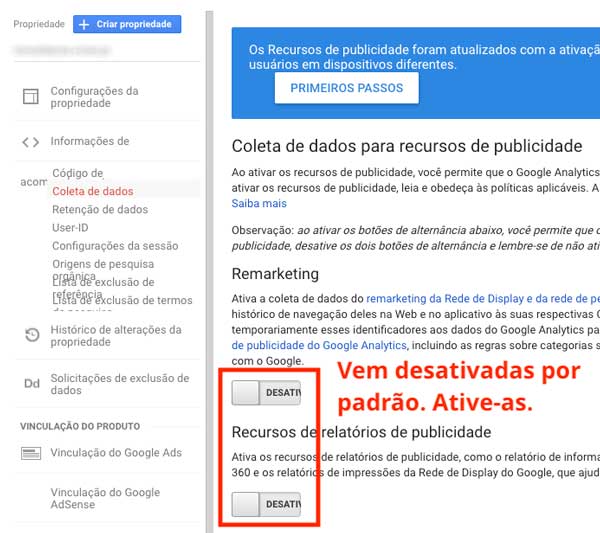 Remarketing desativado no Google Analytics