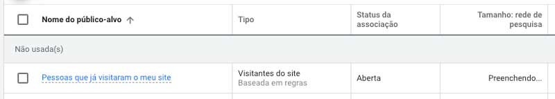 Google ads: nova lista de remarketing (público-alvo) sendo preenchida