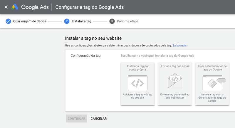 Opções de instalação da tag do Google Ads