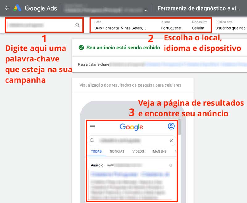 Ver a posição dos meus anúncios no google ads na ferramenta de diagnóstico e visualização de anúncios
